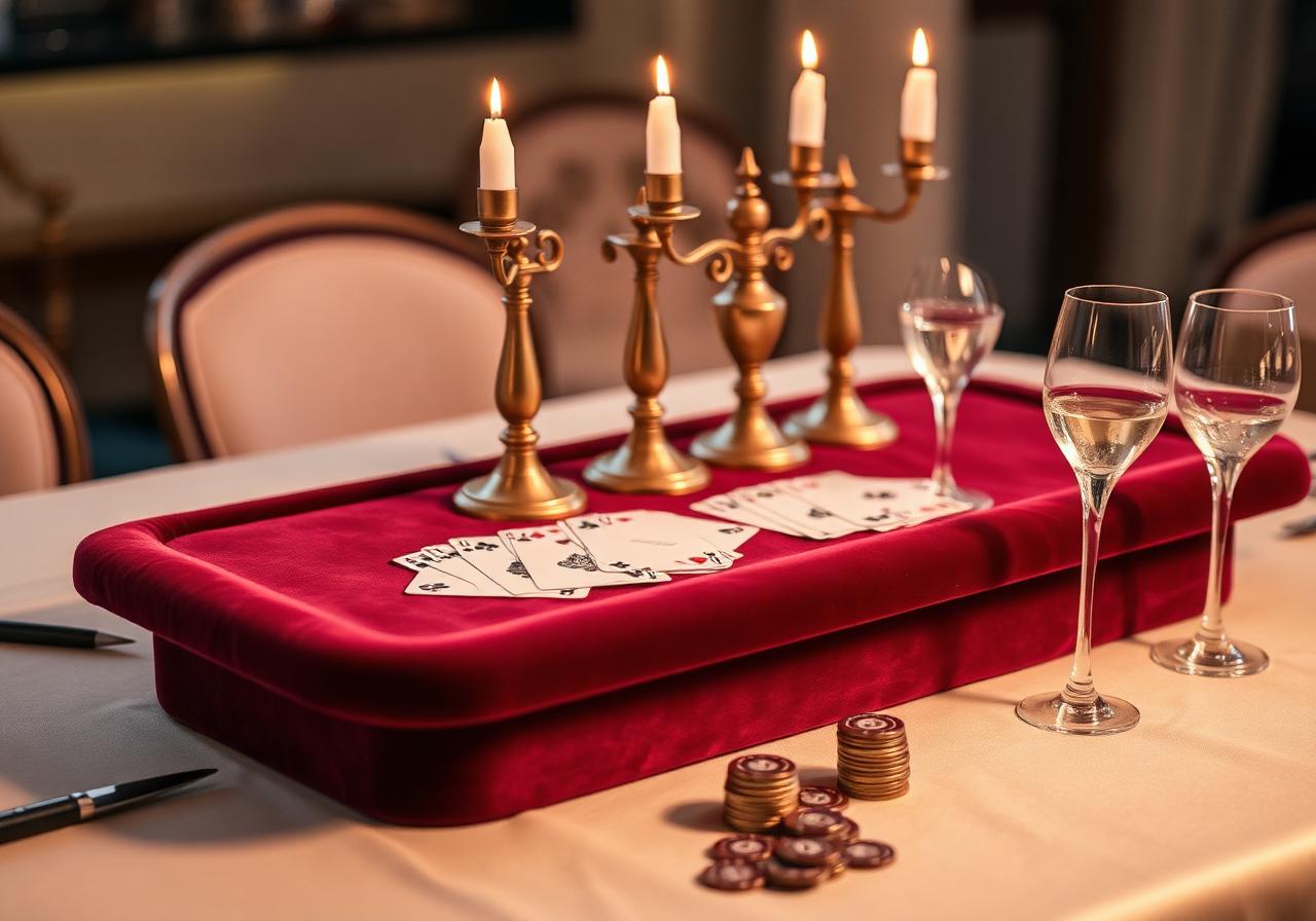 Dekoracyjne karty i mosiężne kandelabry na aksamitnym stoliku