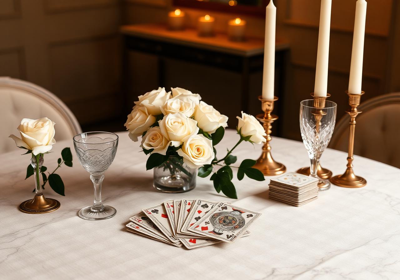 Elegancka aranżacja stołu z dekoracyjnymi kartami i białymi różami